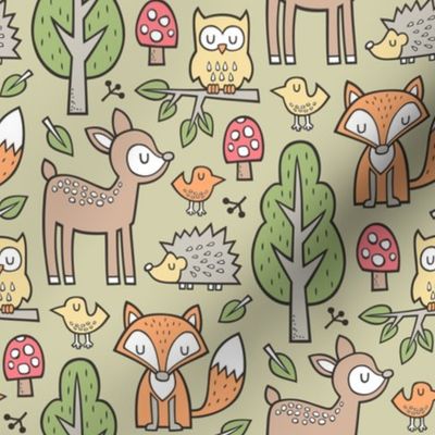 Forest Woodland with Fox Deer Hedgehog Owl & Trees on Olive Green