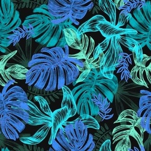 tropical leaves - blue - large