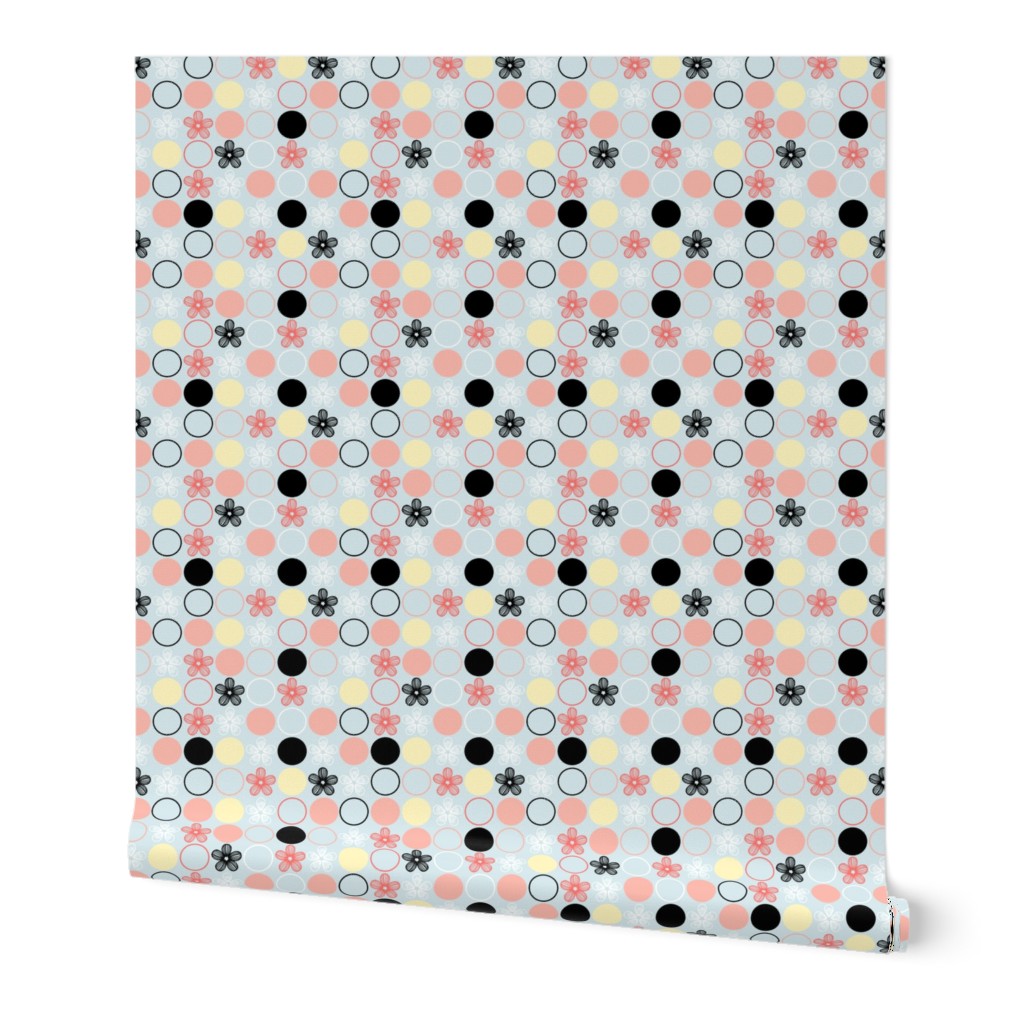 Polka Dots and Flowers in Peach, Black, Yellow, Blue