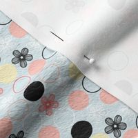 Polka Dots and Flowers in Peach, Black, Yellow, Blue