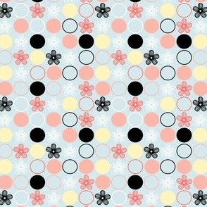 Polka Dots and Flowers in Peach, Black, Yellow, Blue