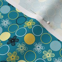 Polka Dots and Flowers, Blue, Yellow