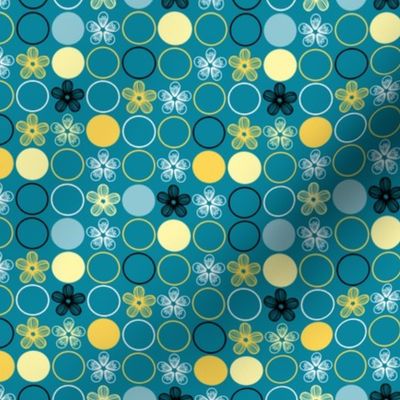 Polka Dots and Flowers, Blue, Yellow