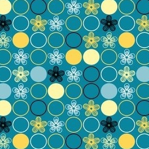 Polka Dots and Flowers, Blue, Yellow