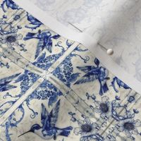 Hummingbird in Blue Toile on 2 inch Marble Tile with Flowers by kedoki