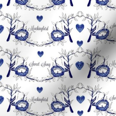 Sweet Song Mockingbird -blue and white toile 