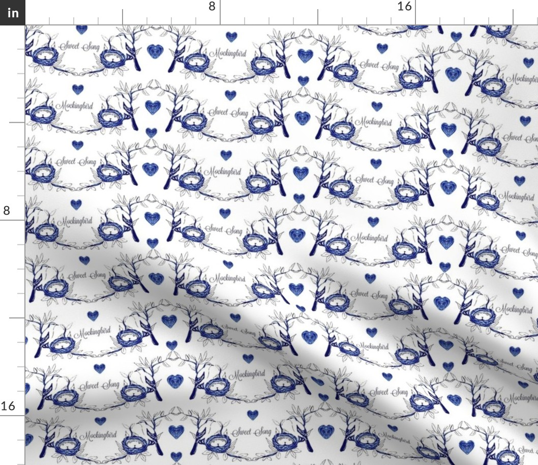 Sweet Song Mockingbird -blue and white toile 