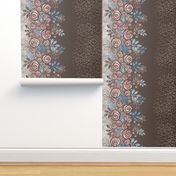 Large Floral Rose Border in Peach, Blue, Brown 