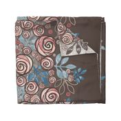 Large Floral Rose Border in Peach, Blue, Brown 
