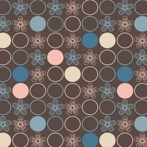 Flowers and Polka Dots in Peach, Blue, Brown