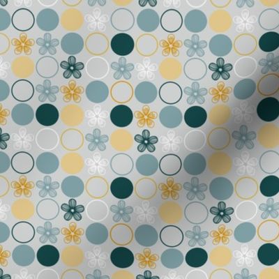 Flowers and Polka Dots in Teal Blue, Yellow, Gray