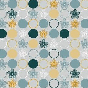 Flowers and Polka Dots in Teal Blue, Yellow, Gray