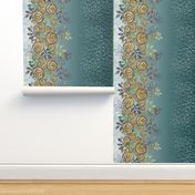 Large Floral Rose Border in Teal Blue, Yellow, Gray 