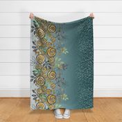 Large Floral Rose Border in Teal Blue, Yellow, Gray 