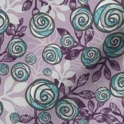 Snowy Rose Floral in Purple, Aqua, Gray