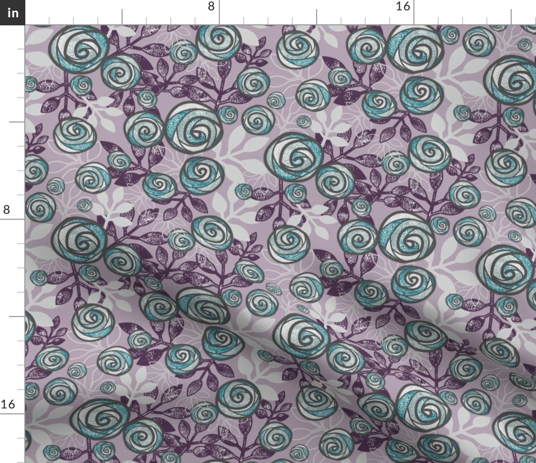 Snowy Rose Floral in Purple, Aqua, Gray