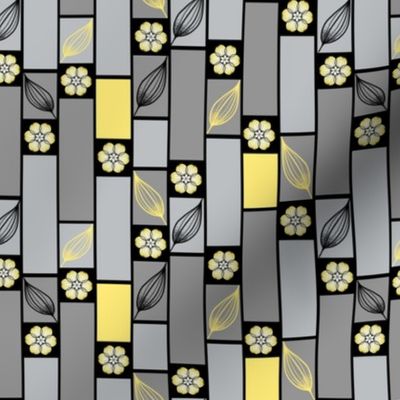 Brick Tiles and Flowers, Gray and Yellow 
