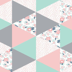 triangle cheater quilt pink grey and mint