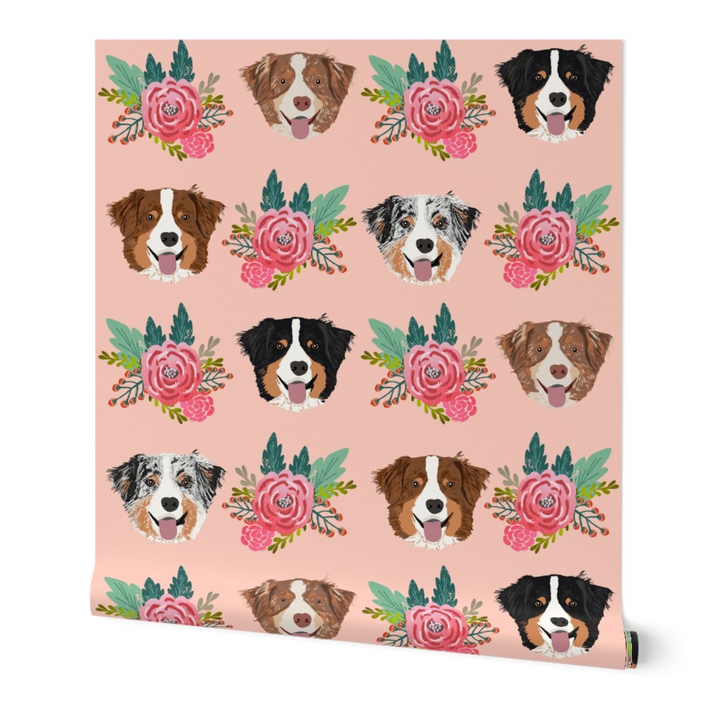 aussie dog floral fabric australian shepherd dogs fabric - pink