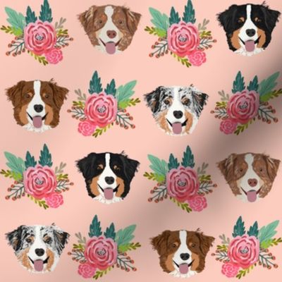 aussie dog floral fabric australian shepherd dogs fabric - pink