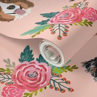 aussie dog floral fabric australian shepherd dogs fabric - pink