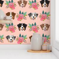 aussie dog floral fabric australian shepherd dogs fabric - pink