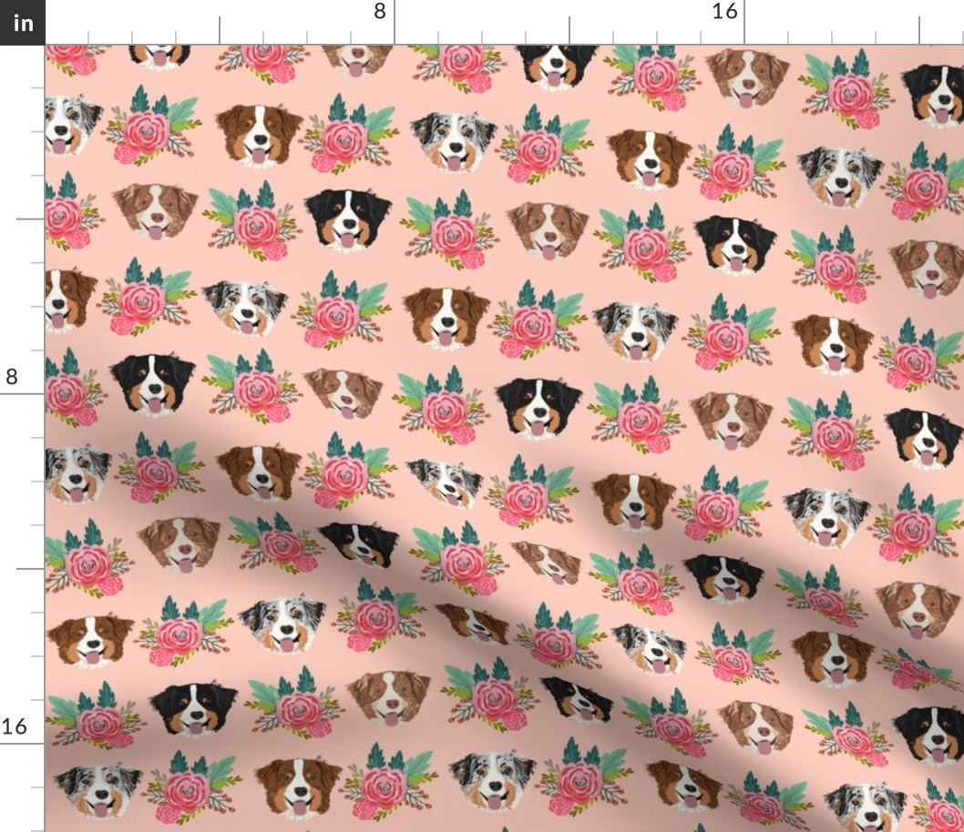 aussie dog floral fabric australian shepherd dogs fabric - pink