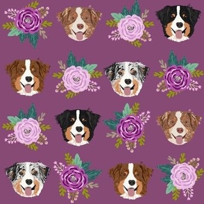 aussie dog floral fabric australian shepherd dogs fabric - purple