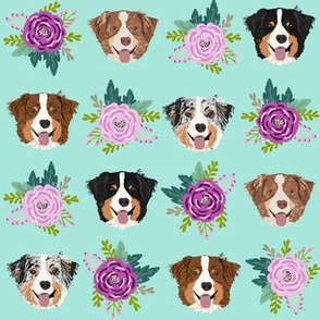 aussie dog floral fabric australian shepherd dogs fabric - mint and purple