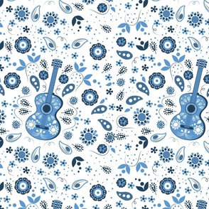 Boho Paisley Guitar Fabric - Boho Chloe Danish Blue By Applebutterpattycake - Boho Floral Fabric Cotton Fabric By The Yard With Spoonflower