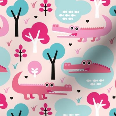 Cute colorful crocodile alligator jungle zoo adventure pink girls illustration pattern