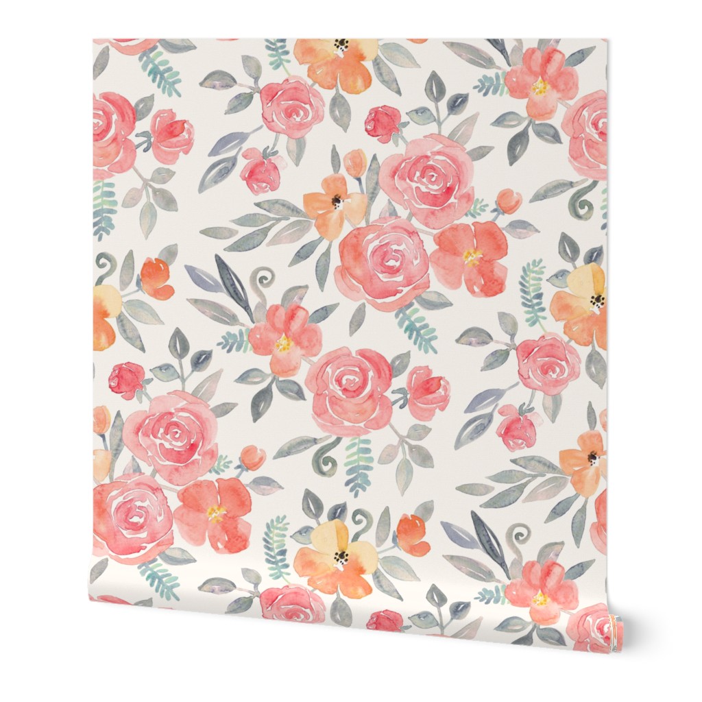 Amelia Floral in Pink and Peach Watercolor cream large version