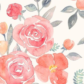 Amelia Floral in Pink and Peach Watercolor cream large version
