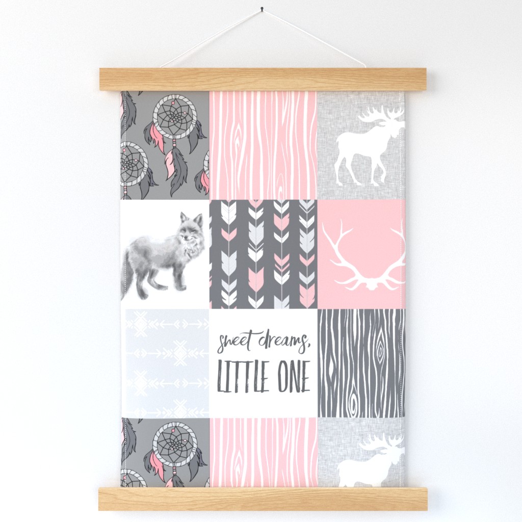 Sweet Dreams Patchwork in Pink and Grey - woodland animals, dream catchers, southwest, fox