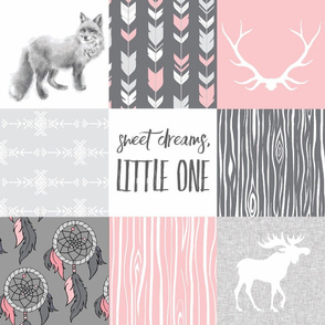 Sweet Dreams Patchwork in Pink and Grey - woodland animals, dream catchers, southwest, fox