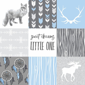 Sweet Dreams Patchwork - Baby Blue and Grey - woodland animals, southwest dreamcatchers - fox and moose