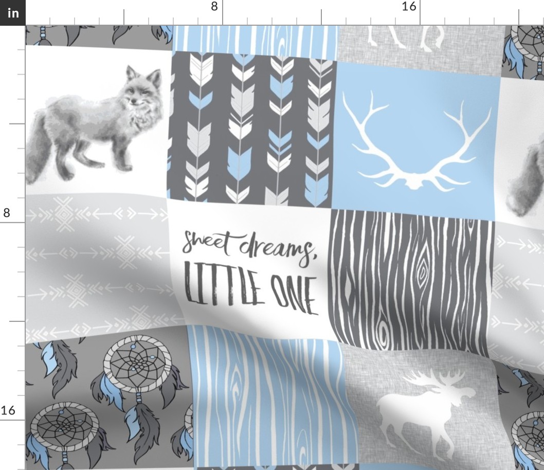 Sweet Dreams Patchwork - Baby Blue and Grey - woodland animals, southwest dreamcatchers - fox and moose