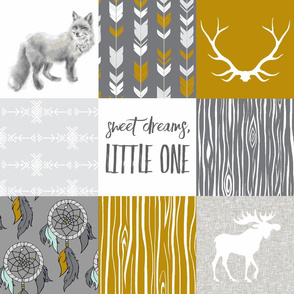 Sweet Dreams Patchwork in Gold and Grey - woodland animals, southwest, fox, Moose, dreamcatchers
