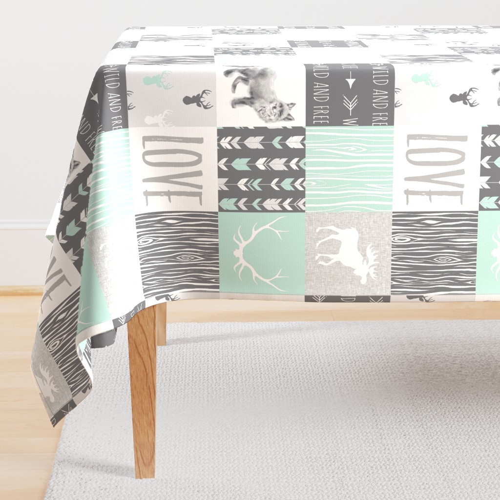 LOVE Woodland Animals Patchwork- mint and grey - nursery - Moose fox and deer - wild and free