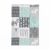 LOVE Woodland Animals Patchwork- mint and grey - nursery - Moose fox and deer - wild and free