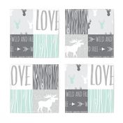 LOVE Woodland Animals Patchwork- mint and grey - nursery - Moose fox and deer - wild and free