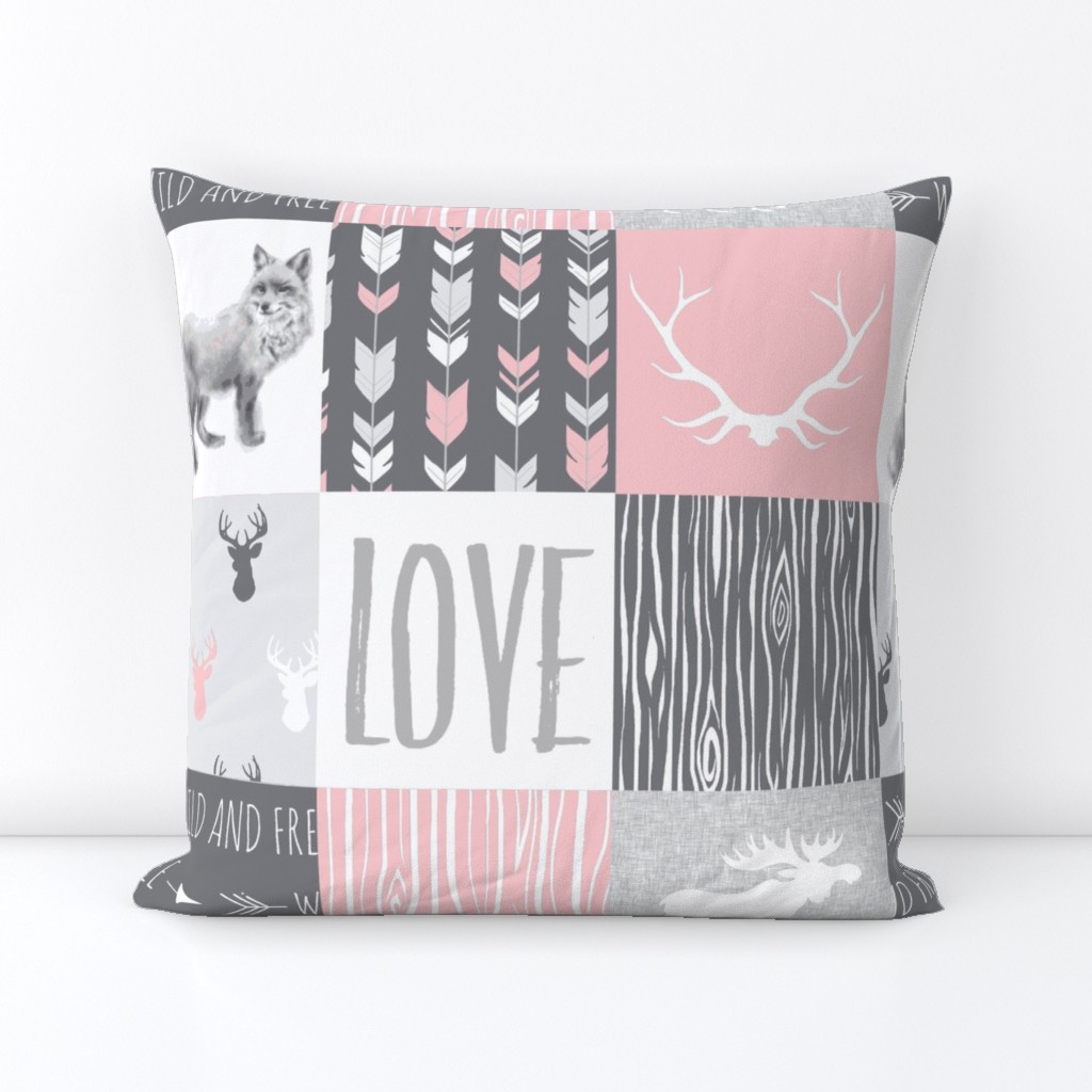 LOVE Woodland animal Patchwork - pink and grey - girl nursery - Moose fox deer