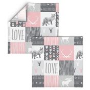 LOVE Woodland animal Patchwork - pink and grey - girl nursery - Moose fox deer