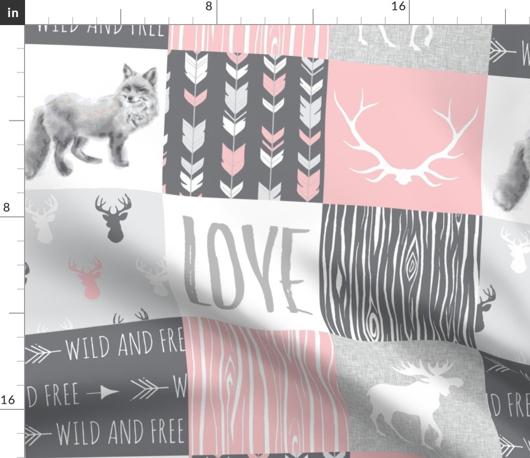 LOVE Woodland animal Patchwork - pink and grey - girl nursery - Moose fox deer