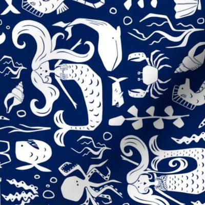 Under The Sea Tea Towel - Nautical Mermaid Navy Blue