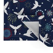 Flying birds and fireworks on blue