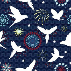 Flying birds and fireworks on blue