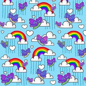 Rainbow Love in the Sky / Clouds on Blue Painterly Rain w/ Butterflies  small  