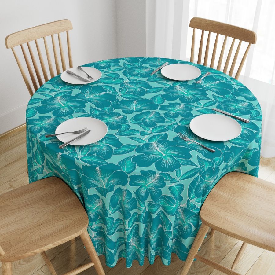 Hibiscus Batik Teal on Aqua 24inL