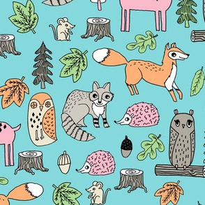 woodland animals // woodland autumn critters animals hand-drawn andrea lauren fabric - blue and pink